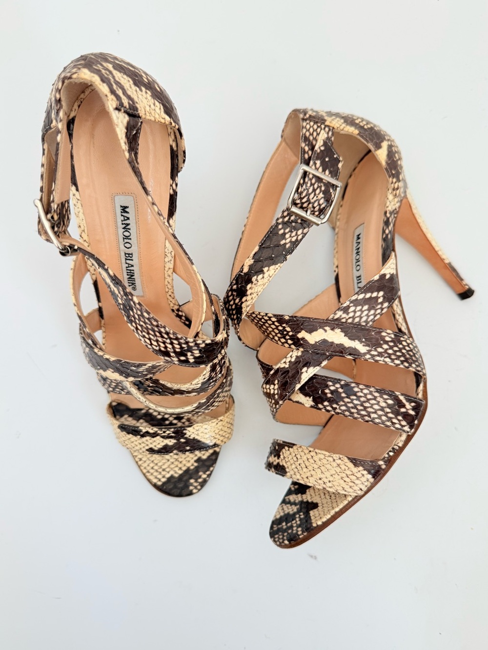 Manolo Blahnik Antofac 105 Snakeskin Strappy Stiletto Sandals Heels 39